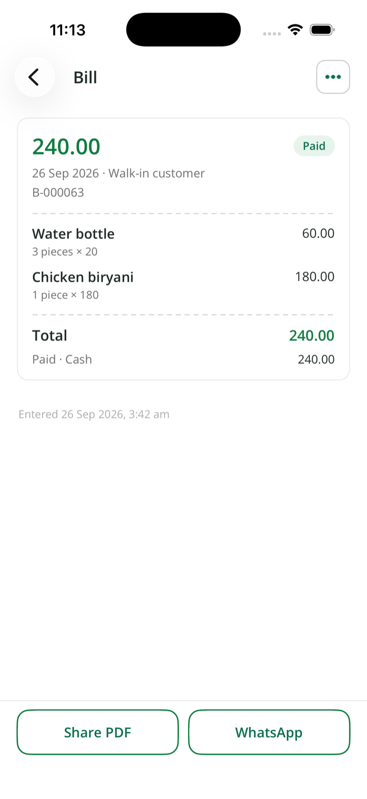 A saved bill on the phone with Share PDF and WhatsApp buttons.