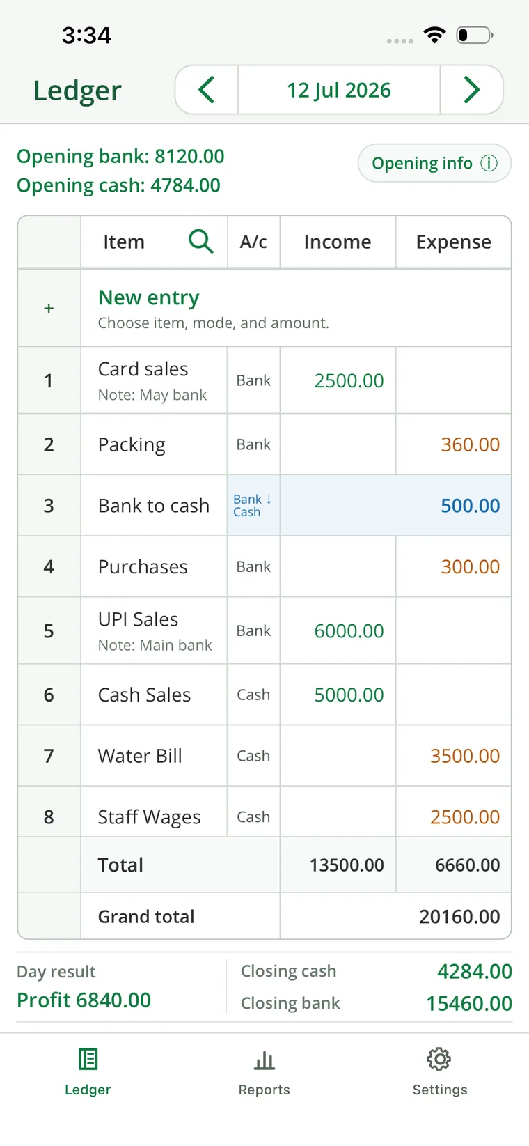 Daily Closing main ledger screen.